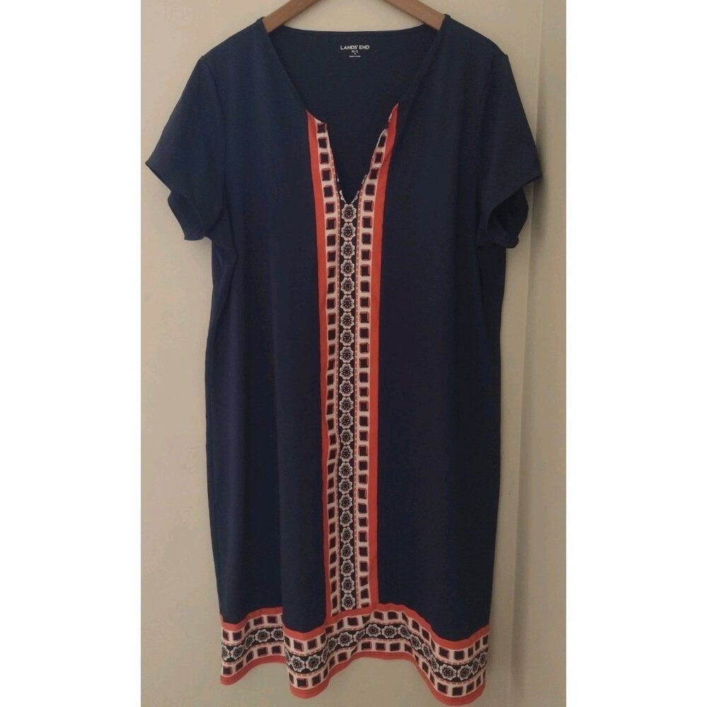 Lands' End Navy Swim Coverup Dress with Coral and White Trim